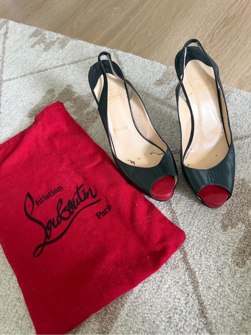 Christian Louboutin Black Leather Peep-Toe Slingbacks with Red Toe size 38 1/2